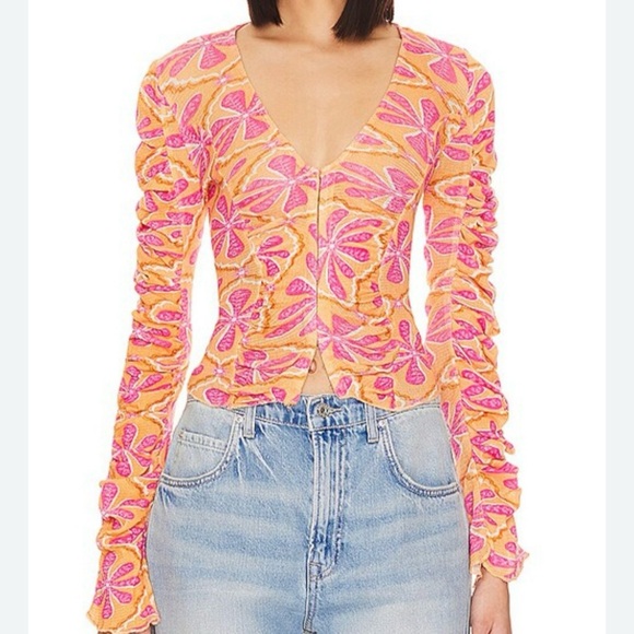 Free People Through The Meadow Mesh Blouse Top Floral Grapefruit Printed XS - Picture 5 of 12